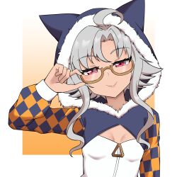 1girl absurdres adjusting_eyewear ahoge animal_hood breasts cat_hood crush_crush dark-skinned_female dark_skin fur_trim grey_hair highres hood lucky_zero red_eyes ruri_(crush_crush) small_breasts smile