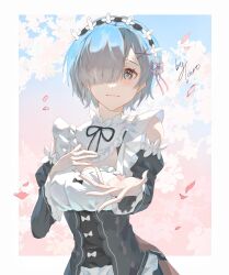 1girl bare_shoulders black_dress blue_eyes blue_hair blush border cherry_blossoms closed_mouth commentary_request detached_sleeves dress hair_over_one_eye hair_ribbon hand_on_own_chest highres long_sleeves looking_at_viewer maid maid_headdress outside_border outstretched_hand petals pink_ribbon re:zero_kara_hajimeru_isekai_seikatsu rem_(re:zero) ribbon roswaal_mansion_maid_uniform signature smile solo standing taro_(user_urrm3485) upper_body white_border