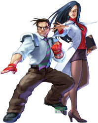 Rule 34 | 1boy, 1girl, blue hair, capcom, doctor, fingerless gloves, glasses, gloves, high heels, justice gakuen, kawano takuji, lab coat, long hair, minazuki kyouko, miniskirt, namco, namco x capcom, necktie, official art, pantyhose, pencil skirt, purple hair, ribbed sweater, shimazu hideo, shiritsu justice gakuen, short hair, skirt, sweater, teacher, turtleneck, watermark