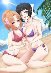 2girls absurdres asymmetrical_docking beach bikini black_hair blue_eyes blue_sky breast_press breasts brown_hair cloud commentary_request commission day dutch_angle green_eyes hair_ribbon highres holding_hands horizon kohinata_miku large_breasts long_hair looking_at_viewer medium_breasts multiple_girls ocean open_mouth outdoors ponytail purple_bikini red_bikini ribbon senki_zesshou_symphogear serena_cadenzavna_eve short_hair side-tie_bikini_bottom skeb_commission sky smile swimsuit tsugai_(pcks_tsu)