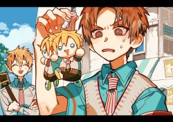 2boys aoi_akane aqua_pupils aqua_shirt arm_at_side arm_up blonde_hair blue_sky brown_eyes brown_hair building character_doll close-up cloud collared_shirt crossed_arms day disgust facing_another furrowed_brow grey_sweater_vest hair_between_eyes hanoyuta highres holding holding_stuffed_toy jibaku_shounen_hanako-kun keyring letterboxed light_brown_hair male_focus minamoto_teru multiple_boys necktie no_eyewear official_art open_mouth outdoors parted_hair portrait raised_eyebrow shirt short_sleeves sky solo_focus striped_necktie stuffed_toy sweat sweater_vest v-shaped_eyebrows wing_collar