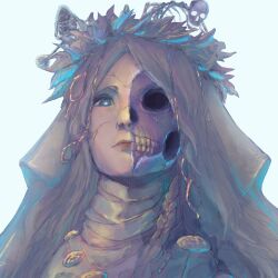Rule 34 | 1girl, absurdres, blue eyes, braid, bridal veil, closed mouth, commentary, cracked skin, dress, elden ring, flower, grey dress, grey hair, head wreath, highres, lips, long hair, looking at viewer, pink lips, revenant (elden ring), satsu-strive, short hair, skeleton, skull, twin braids, upper body, veil, white background