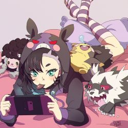 1girl alternate_color alternate_costume aqua_eyes asymmetrical_bangs asymmetrical_hair black_hair black_jacket black_nails blush breasts choker commentary_request dress earrings galarian_form galarian_zigzagoon game_console gen_3_pokemon gen_8_pokemon gurepyon handheld_game_console holding holding_handheld_game_console jacket jewelry long_sleeves lying marnie_(pokemon) morpeko morpeko_(full) morpeko_(hangry) nail_polish nintendo nintendo_switch on_stomach pink_dress playing_games pokemon pokemon_(creature) pokemon_swsh purple_legwear shiny_pokemon socks striped_clothes striped_legwear striped_socks tongue tongue_out twintails white_legwear wooloo zigzagoon