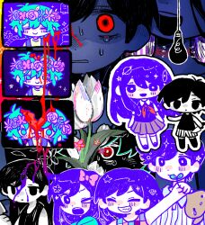 &gt;_o 3girls 5boys aubrey_(headspace)_(omori) aubrey_(omori) basil_(headspace)_(omori) basil_(omori) black_eyes black_hair blue_overalls blue_shirt bow chibi clenched_teeth closed_eyes closed_mouth collared_shirt colored_skin crying crying_with_eyes_open expressionless flower green_eyes green_hair green_shirt grin hair_bow head_wreath hero_(headspace)_(omori) hero_(omori) kel_(headspace)_(omori) kel_(omori) long_hair looking_at_another mari_(faraway)_(omori) mari_(headspace)_(omori) mari_(omori) multiple_boys multiple_girls neckerchief neko_kuuzo omori omori_(omori) one_eye_closed open_mouth overalls parted_lips pink_bow pleated_skirt purple_eyes purple_hair purple_sweater_vest red_eyes red_neckerchief shirt short_hair short_sleeves shorts skirt smile sprout_mole sunny_(omori) sweater_vest t-shirt tears teeth tulip upper_teeth_only white_shirt white_shorts white_skin