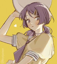 Rule 34 | 1girl, :&lt;, adversarial noise, closed mouth, commentary, contrast collar, employee uniform, fujii ayame, futsuu no keion-bu, hair ornament, hairclip, heart, holding, holding tray, horizontal-striped sleeve cuffs, looking at viewer, necktie, official alternate costume, official alternate hairstyle, puffy short sleeves, puffy sleeves, purple eyes, purple hair, purple necktie, shirt, short necktie, short sleeves, short twintails, sinyojurn, solo, striped collar, tray, twintails, twitter username, upper body, waitress, yellow background, yellow shirt, yellow theme