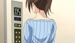 Rule 34 | 00s, 1girl, 2004, animated, animated gif, ass, ass focus, brown hair, clitoris, elevator, from behind, housewife, indoors, kininaru kimochi, long hair, lowres, okusan (kininaru kimochi), ponytail, shirt, striped clothes, striped shirt, tagme