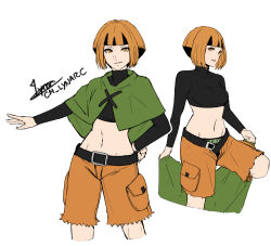 1girl belt_buckle breasts buckle capelet cargo_shorts cm_lynarc creatures_(company) crop_top game_freak gardenia_(pokemon) green_capelet hand_on_own_hip looking_at_viewer medium_breasts midriff multiple_views navel nintendo orange_eyes orange_hair panties pants pokemon pokemon_dppt shorts signature simple_background smile underwear white_background