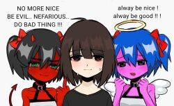 4chan ahoge angel_and_devil angel_wings bags_under_eyes black_collar black_hair black_shirt blue_hair bow brown_eyes brown_hair bury_ebil_gril bury_pink_gril clenched_hands collar collarbone colored_skin demon_horns demon_tail dress english_text fang green_eyes hair_bow halo horns medium_hair middle_finger non-web_source pink_skin red_bow red_skin shirt simple_background skin_fang snale source_request sweat tail twintails upper_body white_background white_dress wings