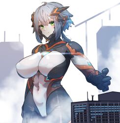 Rule 34 | 1girl, black bodysuit, bodysuit, breasts, building, cameltoe, city, closed mouth, colossus (natsukaze shigure), covered erect nipples, covered navel, giant, giantess, green eyes, grey hair, hair between eyes, headgear, highres, impossible bodysuit, impossible clothes, large breasts, looking at viewer, magical girl, medium hair, natsukaze shigure, original, personification, science fiction, short hair, skin tight, smile, solo, variant set