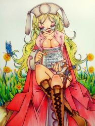 bad_anatomy blonde_hair boots breasts bug butterfly cleavage final_fantasy final_fantasy_tactics flower glasses gocchan_(big-up9898) gun handgun bug long_hair orator_(fft) pistol traditional_media translation_request weapon