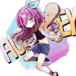 1girl absurdres aubrey_(faraway)_(omori) aubrey_(omori) baseball_bat black_socks blue_eyes blue_hairband blue_skirt character_name closed_mouth collarbone crop_top denim denim_skirt hairband hanabata0320 highres holding holding_baseball_bat jacket long_hair long_sleeves looking_at_viewer nail_(hardware) nail_bat navel omori one_eye_closed pink_hair shoes skirt sneakers socks solo white_jacket