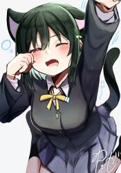 1girl alternate_costume black_jacket black_socks blush breasts buttons collared_shirt dress_shirt drooling fang from_above gold_buttons green_hair grey_skirt hair_ribbon highres jacket kemonomimi_mode long_sleeves love_live! love_live!_nijigasaki_high_school_idol_club medium_breasts medium_hair mifune_shioriko miniskirt mouth_drool nijigasaki_school_uniform no_shoes open_mouth pleated_skirt red_eyes ribbon rubbing_eyes school_uniform shirt sitting skirt socks solo squeans stretching wariza watagashi_nisei_(aoiro_2-gou) white_shirt winter_uniform yawning