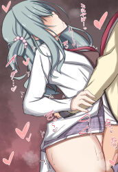 Rule 34 | 1boy, 1girl, arched back, bottomless, clothes lift, deep penetration, grey hair, head back, heart, hetero, hidden eyes, highres, long hair, makochan42, open mouth, riddle joker, sex, shikibe mayu, skirt, skirt lift, standing, standing missionary, standing sex, straight hair, torso grab, vaginal, yuzu-soft