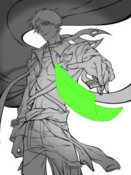 1boy arm_at_side closed_mouth greyscale highres jacket lo_po_bia_traumerei long_sleeves looking_at_viewer monochrome open_clothes open_jacket original outstretched_arm pants paper partially_colored shaded_face shadow short_hair simple_background sincal1224 solo thick_eyebrows tower_of_god white_background