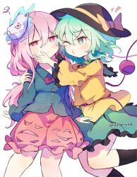 2girls ar_(maeus) arms_at_sides black_hat black_socks blush bow bowtie buttons commentary_request diamond_button dot_nose fox_mask frilled_shirt_collar frilled_skirt frills frown grabbing_another&#039;s_chin green_eyes green_hair green_skirt hand_on_another&#039;s_chin hat hat_bow hat_ribbon hata_no_kokoro heart heart-shaped_pupils highres hug komeiji_koishi long_hair mask medium_hair multicolored_buttons multiple_girls o3o one_eye_closed pink_bow pink_bowtie pink_eyes pink_hair pink_skirt plaid_clothes plaid_shirt ribbon shirt simple_background skirt skirt_cutout socks squiggle sweatdrop symbol-shaped_pupils third_eye touhou twitter_username white_background yellow_bow yellow_ribbon yellow_shirt yuri