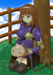 1girl :3 archer_(ragnarok_online) armored_skirt belt black_thighhighs blue_sky blush boots breasts brown_boots brown_gloves brown_hair closed_mouth cloud commentary_request creature day full_body gloves grass hairband highres holding holding_creature kurohachiboku long_hair looking_down medium_breasts muneate outdoors poring purple_eyes purple_shirt ragnarok_online seiza shirt short_sleeves sitting sky slime_(creature) smile solo thick_eyebrows thighhighs tree under_tree white_hairband