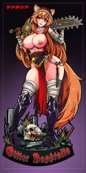 1girl absurdres alternate_breast_size alternate_costume animal_ear_fluff animal_ears armored_boots artist_logo bandaged_arm bandaged_leg bandages bare_shoulders black_background blunt_bangs blush boots breasts brown_gloves brown_hair chain chainsword character_name chest_tattoo cleavage clip_studio_paint_(medium) commentary commission dated english_commentary english_text eyelashes full_body gloves gradient_background grin groin hair_between_eyes hat highres holding holding_behind_back huge_breasts huion knee_boots lips logo loincloth long_hair looking_at_viewer metal_arm_cuffs midriff_peek peterete pink_eyes purple_background purple_boots raccoon_ears raccoon_girl raccoon_tail raphtalia red_hat red_loincloth skindentation skull slave_brand smile solo standing swordbreaker_(weapon) tail tate_no_yuusha_no_nariagari tattoo thick_thighs thighs translated underboob variant_set warhammer_40k