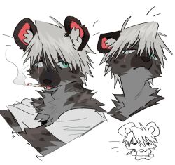 1boy aqua_eyes body_fur cigarette furry furry_male grey_fur grey_hair grey_shirt highres hyena_boy looking_at_viewer male_focus multiple_views nazume4 original portrait shirt short_hair simple_background smoke smoking white_background