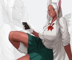 1girl animal_ears boku_no_hero_academia bow bowtie breasts cellphone clenched_teeth collarbone commentary dark-skinned_female dark_skin english_commentary gloves green_skirt highres hitomazuk holding holding_phone knee_up large_breasts long_eyelashes long_hair looking_at_viewer loose_bowtie loose_socks mirko parted_bangs phone pleated_skirt rabbit_ears rabbit_girl red_bow red_bowtie red_eyes shirt shirt_tucked_in sitting skirt sleeves_rolled_up smartphone socks solo teeth thick_thighs thighs toned toned_female very_long_hair white_gloves white_hair white_shirt white_socks zoom_layer
