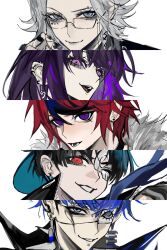 5boys alternate_costume aotsuki_eito binxngchng1 black_hair black_streaks blue_eyes blue_hair close-up ear_piercing earrings eye_print eyebrow_piercing eyepatch face_piercing fur_trim glasses grey_hair highres jewelry labret_piercing looking_at_viewer male_focus maruko_gaku multicolored_hair multiple_boys omokage_yugamu one_eye_closed piercing pink_eyes print_eyepatch purple_hair red_eyes red_hair short_hair smile streaked_hair sumino_takumi the_hundred_line_-last_defense_academy- tongue_piercing tsukumo_ima