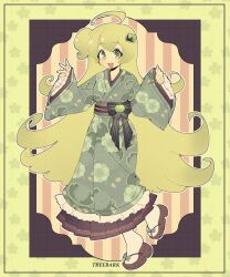 ahoge apple bow brown_sandals floral_print floral_print_kimono food frilled_sleeves frills fruit full_body green_apple green_bow green_eyes green_hair green_kimono hair_ornament hands_up hashtag-only_commentary highres huge_ahoge japanese_clothes kimono long_hair looking_at_viewer macne_nana macne_series one_side_up open_mouth outline print_kimono sandals signature smile socks solo treebarkagain very_long_hair vocaloid white_outline white_socks wide_sleeves