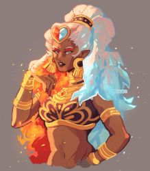 1girl adapted_costume armlet bad_deviantart_id bad_id bracelet crop_top damare-draws eyeshadow fiery_hair forehead_jewel gerudo ice jewelry makeup nintendo the_legend_of_zelda twinrova