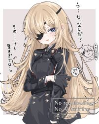 1girl black_gloves blonde_hair blue_eyes brown_background eyepatch gloves goddess_of_victory:_nikke grey_jacket guillotine_(nikke) hair_between_eyes highres jacket long_hair one_eye_covered solo tu_pa_pa_pa two-tone_background white_background