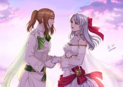 2girls autumn-sacura bare_shoulders breasts bridal_veil bride brown_eyes brown_hair cloud cloudy_sky commission dawn detached_sleeves dress fire_emblem fire_emblem:_radiant_dawn fire_emblem_heroes gloves grey_hair hair_ribbon half_updo holding_hands kiran_(female)_(fire_emblem) kiran_(fire_emblem) long_hair long_sleeves looking_at_another marriage medium_breasts micaiah_(bridal)_(fire_emblem) micaiah_(fire_emblem) multiple_girls nintendo official_alternate_costume ponytail ribbon sky smile tuxedo upper_body veil wedding_dress white_dress white_gloves wife_and_wife yellow_eyes yuri