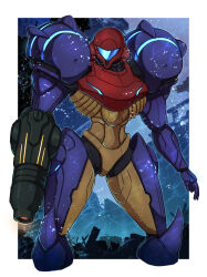 1girl arm_cannon armor border cropped_legs facing_viewer gravity_suit_(metroid) highres metroid metroid_prime nintendo pauldrons power_armor power_suit_(metroid) samus_aran shoulder_armor solo underwater visor_(armor) wakaba_(wata_ridley) weapon white_border