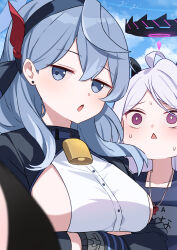 3girls ako_(blue_archive) bell bikini black_bikini black_gloves black_hairband black_halo black_horns blue_archive blue_eyes blue_hair blue_halo blue_one-piece_swimsuit blue_sky breast_envy breasts bright_pupils buttons collarbone commentary_request cowbell crossed_arms earrings flat_chest gloves hair_between_eyes hairband half_gloves halo hasumi_(blue_archive) hasumi_(swimsuit)_(blue_archive) highres hina_(blue_archive) hina_(swimsuit)_(blue_archive) horns jewelry jitome large_breasts long_hair looking_at_another looking_at_breasts medium_hair mi_taro333 multiple_girls official_alternate_costume one-piece_swimsuit open_mouth parted_bangs purple_eyes school_swimsuit shirt sideboob sideless_shirt sky stud_earrings sweat swimsuit triangle_mouth whistle whistle_around_neck white_hair white_pupils white_shirt