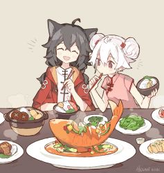2girls :| ^_^ ahoge antenna_hair arm_rest beige_background black_hair blush bowl braid bright_pupils brown_eyes china_dress chinese_clothes chinese_knot chopsticks closed_eyes closed_mouth crossed_bangs dated dot_nose double_bun drawstring dress eating elbow_rest expressionless facing_viewer fish fish_(food) flower_knot food from_side garnish hair_between_eyes hair_bun hand_up hands_up happy head_tilt high_collar holding holding_chopsticks hood hood_down long_hair looking_away looking_down low_twintails mandarin_collar meat melan_(melanbread) melanbread multiple_girls mushroom nail_polish notice_lines open_clothes open_mouth original pink_dress pink_pupils plate pot red_nails rice sauce seafood shiitake short_sleeves shrimp signature smile steam straight-on table tangzhuang tareme taro_(melanbread) twin_braids twintails upper_body vegetable white_hair wide_sleeves