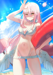 1girl absurdres bikini blue_archive breasts cleavage closed_mouth feathered_wings frilled_bikini frills highres holding holding_swim_ring innertube large_breasts long_hair looking_at_viewer mika_(blue_archive) mika_(swimsuit)_(blue_archive) navel official_alternate_costume pink_hair rnjs4967 shading_eyes smile solo stomach swim_ring swimsuit white_bikini wings yellow_eyes