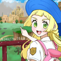 1girl :d blonde_hair blue_hat braid commentary_request day eyelashes green_eyes happy hat highres hiyokko2min lillie_(pokemon) long_hair looking_at_viewer nintendo open_mouth outdoors pink_bag pointing pokemon pokemon_sm pokemon_sv school_uniform shirt short_sleeves smile solo teeth tongue upper_teeth_only white_shirt