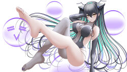 1girl aqua_hair backless_bodysuit backless_outfit bare_shoulders black_bodysuit black_hair bodysuit breasts cleavage colored_inner_hair feet gloves goddess_of_victory:_nikke hair_intakes halterneck large_breasts legs little_mermaid_(nikke) long_hair looking_at_viewer multicolored_hair paid_reward_available sazervw see-through_clothes solo twintails very_long_hair yellow_eyes