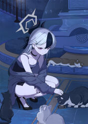 1girl black_choker black_dress black_horns black_shoes blue_archive bowl breasts cat choker cleavage closed_mouth collarbone commentary_request demon_horns dress ear_piercing fountain grey_jacket halo high_heels horns jacket kayoko_(blue_archive) kayoko_(dress)_(blue_archive) long_hair long_sleeves mole mole_on_neck night official_alternate_costume official_alternate_hairstyle outdoors pet_bowl petting piercing red_eyes shoes small_breasts smile solo squatting white_hair yansuiyuluo