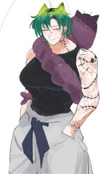 1girl 2023 abs absurdres animal_ears antennae arm_tattoo baggy_pants black_shirt breasts cat_ears collarbone commentary cowboy_shot creature english_commentary gradient_hair green_hair grey_pants half-closed_eyes hands_in_pockets highres huge_breasts multicolored_hair muscular muscular_arms muscular_female original pants rochi_(rrrroch1) rrrroch1 shirt short_hair simple_background smile smirk standing tank_top tattoo two-tone_hair white_background
