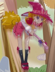 Rule 34 | 1girl, asahina mirai, blonde hair, broom, broom riding, female focus, haruyama kazunori, hat, kneehighs, magic school uniform (mahou girls precure!), mahou girls precure!, precure, purple eyes, school uniform, short hair, skirt, socks, solo, witch hat