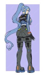 1girl absurdres ass ass_focus black_gloves blue_background blue_hair blue_jacket blush border commentary commission cosplay cropped_jacket eiyuu_densetsu english_commentary full_body gloves hair_between_eyes highres jacket laura_s._arseid long_hair looking_at_viewer police police_uniform policewoman ponytail sen_no_kiseki_(series) smile solo standing two-tone_background very_long_hair watermark watermark_grid white_border yellow_eyes yuzukiyo zenless_zone_zero zhu_yuan