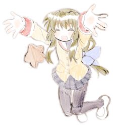 Rule 34 | 1girl, :d, arms up, black pantyhose, blue skirt, bow, buttons, clannad, green hair, hair bow, happy, hikarizaka private high school uniform, ibuki fuuko, jacket, long hair, low-tied long hair, open mouth, pantyhose, pleated skirt, sailor collar, school uniform, serafuku, shinbashi seiji, shoes, simple background, sketch, skirt, smile, solo, star (symbol), white background, white sailor collar, white shoes, yellow jacket