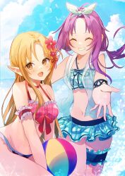 2girls :d arm_strap artist_name asuna_(sao) ball beachball bikini blue_bikini blue_sky blush bow bow_bikini breasts brown_eyes checkered_bikini checkered_clothes closed_eyes cloud cloudy_sky collarbone commentary_request cowboy_shot day facing_another forehead frilled_bikini frilled_thigh_strap frills grin hair_ornament headband highres holding holding_ball holding_beachball light_brown_hair long_hair looking_at_viewer medium_hair multiple_girls navel open_mouth outdoors plaid_bikini plaid_clothes pointy_ears purple_hair red_bikini red_bow sky small_breasts smile stomach swimsuit sword_art_online thigh_strap titania_(sao) twitter_username wading white_headband yuuka0922 yuuki_(sao)