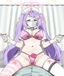 1boy 1girl bandaid bandaid_hair_ornament blue_archive blue_eyes bra breasts coat crossed_bandaids floral_print floral_print_bra floral_print_panties girl_on_top gloves hair_ornament halo hanae_(blue_archive) highres holding holding_syringe infirmary large_breasts long_hair looking_at_viewer mask mouth_mask open_clothes open_coat panties pill_hair_ornament pink_bra pink_halo pink_panties pink_thighhighs purple_hair short_sleeves solo_focus syringe thighhighs thighs twin_(tt_lsh) twintails two-tone_thighhighs underwear white_coat white_gloves white_mask white_thighhighs