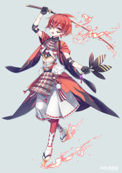 :d ahoge androgynous arm_up armor bad_id bad_pixiv_id bandages black_gloves blood blood_stain creatures_(company) crop_top dual_wielding elbow_pads facial_mark feathers fire flame_print flaming_sword flaming_weapon full_body game_freak gen_6_pokemon gender_request gloves hair_between_eyes hakama hakama_shorts hand_fan highres holding holding_fan holding_sword holding_weapon japanese_armor japanese_clothes kusazuri leaf_fan looking_at_viewer marble merlusa nintendo open_mouth orange_eyes personification platform_footwear pokedex_number pokemon pom_pom_(clothes) red_hair red_legwear red_ribbon ribbon ribbon-trimmed_shorts ribbon_trim rope scar short_hair shorts simple_background slippers smile solo sword talonflame tassel tasuki waist_cape walking weapon