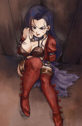 1girl aira_(dq7) arms_behind_back boots bra breast_tattoo breasts brown_bra brown_eyes brown_hair cleavage commentary_request dragon_quest dragon_quest_vii earrings from_above highres hoop_earrings jacket jewelry karumoimoi knee_up large_breasts long_hair looking_at_viewer looking_up on_floor open_mouth purple_skirt red_boots red_jacket silver_earrings silver_thighlet skirt solo sweatdrop tattoo thigh_boots thighlet torn_bra torn_clothes torn_jacket torn_skirt underwear