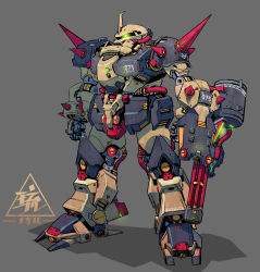 Rule 34 | absurdres, artist logo, chain gun, clenched hand, commentary, english commentary, full body, glowing, glowing eye, gouf custom, green eyes, grey background, gundam, gundam 08th ms team, highres, horns, logo, lzh199437, mecha, no humans, one-eyed, robot, science fiction, shadow, shield, shoulder spikes, simple background, single horn, solo, spikes, standing