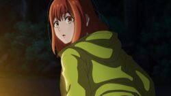 1girl animated anime_screenshot ass blush clothes_pull from_behind futari_solo_camp highres jacket kusano_shizuku long_sleeves panties pulling_own_clothes red_eyes red_hair shirt sidelocks skirt skirt_pull sound tagme thighs underwear video white_panties yellow_jacket