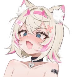 1girl @_@ absurdres animal_ear_fluff animal_ears bandaid bandaid_hair_ornament barcode barcode_tattoo black_collar blonde_hair blue_eyes blush collar collarbone commentary dog_ears english_commentary fang hair_between_eyes hair_ornament hairband heart-shaped_lock highres hololive hololive_english horn_hairband lucien_000298 mococo_abyssgard multicolored_hair nude open_mouth pink_hair pink_hairband saliva short_hair shoulder_tattoo simple_background skin_fang solo streaked_hair tattoo tearing_up two-tone_hair virtual_youtuber white_background x_hair_ornament