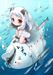 10s 2girls abyssal_ship admiral_(kancolle) ahoge asphyxiation barefoot black_hair brown_eyes diving_mask dress drowning fish goggles horns kantai_collection long_hair looking_at_viewer maru-yu_(kancolle) mittens multiple_girls non-human_admiral_(kancolle) northern_ocean_princess ocean pale_skin riding saury school_swimsuit short_hair sleeveless sleeveless_dress sunk sweat swimsuit translation_request underwater white_dress white_hair yaosera