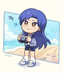 1girl artist_name beach bird black_shorts blue_hair blue_hoodie blush brown_eyes camera chibi closed_mouth cloud holding holding_camera hood hoodie idolmaster idolmaster_(classic) idolmaster_platinum_stars inset_border kayama_taiga kisaragi_chihaya long_hair looking_up open_clothes open_hoodie shell shoes shorts simple_background smile socks solo sparkle standing white_background white_socks