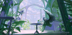 1boy artist_name bird_wings black_gloves black_jacket black_pants black_shoes black_sleeves black_suit black_wings closed_eyes closed_mouth cloud cloudy_sky collared_jacket commentary commission couch day english_commentary english_text expressionless feathered_wings flower formal_clothes full_body gloves greenhouse grey_shirt hands_on_own_chin indoors interlocked_fingers jacket kuwagatata long_sleeves male_focus monocle original own_hands_together pants plant potted_plant purple_flower round_eyewear shirt shoes short_hair single_wing sitting sky solo suit sunlight table turtleneck two-tone_wings watering watermark white_hair white_wings wings