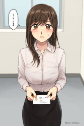 ! ... 1girl artist_name black_skirt brown_eyes brown_hair business_card buttons card collared_shirt commentary_request commission highres holding holding_card long_sleeves looking_at_viewer office_lady original pencil_skirt pixiv_commission setu_kurokawa shirt skirt solo spoken_ellipsis standing sweatdrop twitter_username watermark white_shirt window
